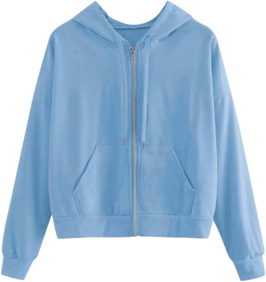 Hoodies for Women Cropped, Women'S Zip up Long Sleeve Crop Tops Hoodie Casual Hooded Pullover Sweatshirts Blue
