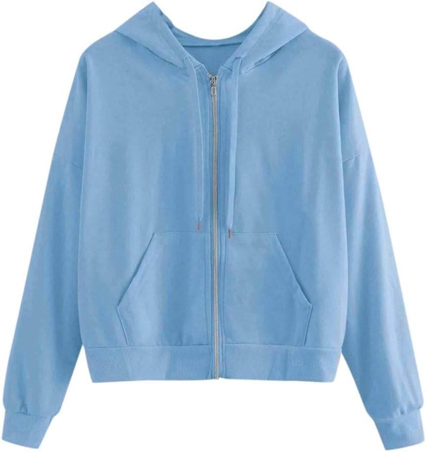 Hoodies for Women Cropped, Women'S Zip up Long Sleeve Crop Tops Hoodie Casual Hooded Pullover Sweatshirts Blue